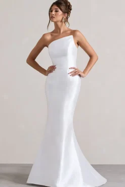Define | White Satin Asymmetric Fishtail Maxi Dress