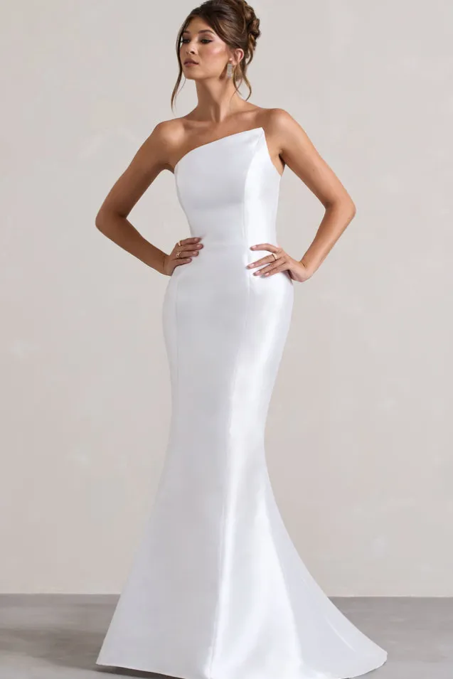 Define | White Satin Asymmetric Fishtail Maxi Dress