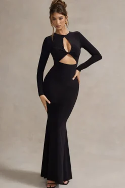 Denisse | Black Long-Sleeve Cut-Out Twisted Maxi Dress