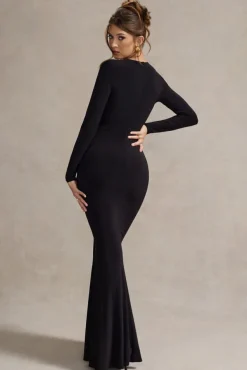 Denisse | Black Long-Sleeve Cut-Out Twisted Maxi Dress