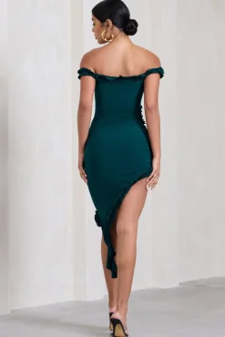 Deserted | Petrol Blue Bardot Frilled Asymmetric Midi Dress