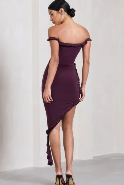 Deserted | Plum Bardot Frilled Asymmetric Midi Dress