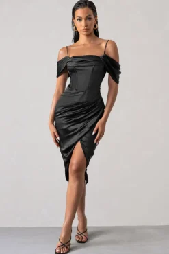 Deserving | Black Satin Bardot Sleeve Corset Wrap Midi Dress