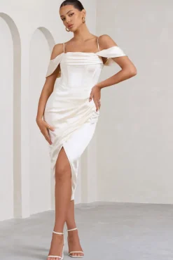 Deserving | Cream Satin Bardot Sleeve Corset Wrap Midi Dress