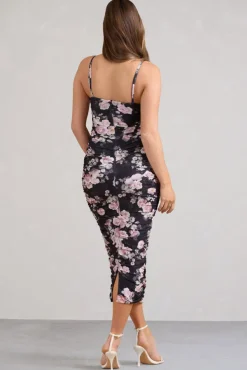 Desired | Black Floral Maternity Cami Midi Dress with Twist Plunge