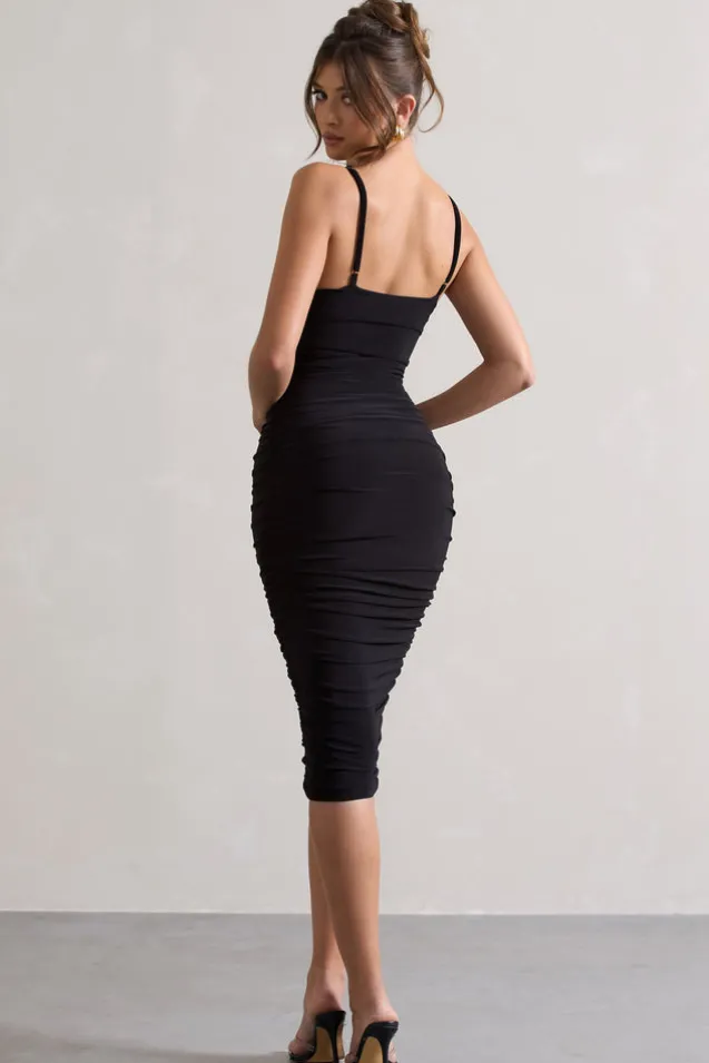 Desired | Black Knot Detail Ruched Midi Dress