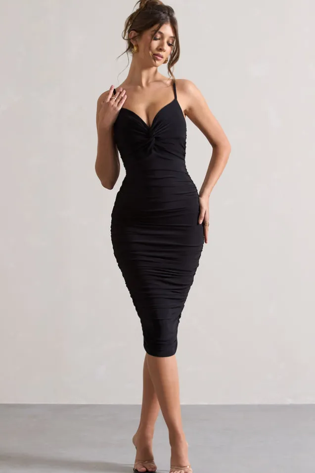 Desired | Black Knot Detail Ruched Midi Dress