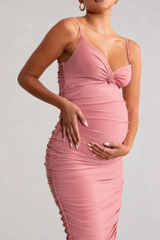 Desired | Blush Maternity Cami Midi Dress with Twist Plunge