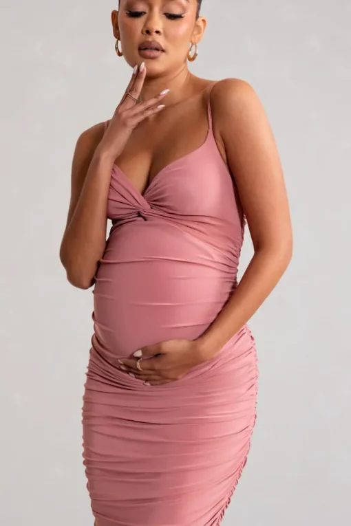 Desired | Blush Maternity Cami Midi Dress with Twist Plunge