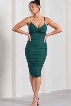 Desired | Bottle Green Knot Detail Ruched Midi Dress