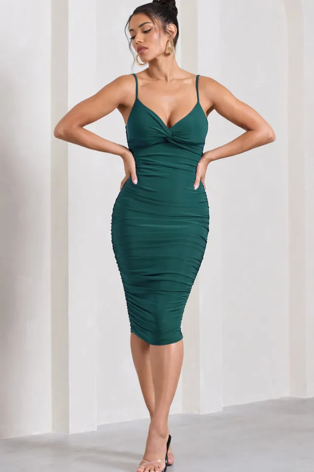 Desired | Bottle Green Knot Detail Ruched Midi Dress