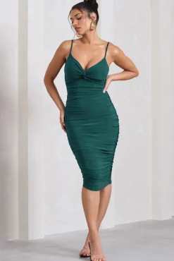 Desired | Bottle Green Knot Detail Ruched Midi Dress