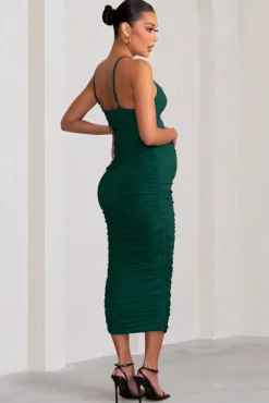 Desired | Bottle Green Maternity Cami Midi Dress with Twist Plunge