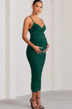 Desired | Bottle Green Maternity Cami Midi Dress with Twist Plunge