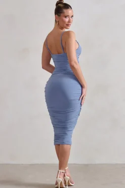 Desired | Ice Blue Knot Detail Ruched Midi Dress