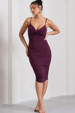 Desired | Plum Ruched Strappy Midi Dress