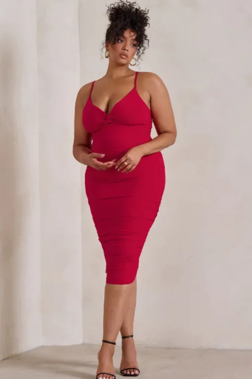 Desired | Red Knot Detail Ruched Midi Dress