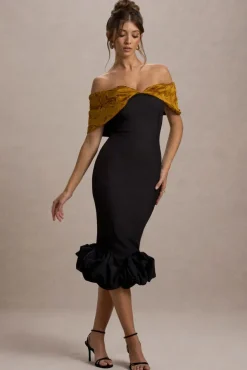 Despina | Black Bardot Midi Dress With Ruffle Hem