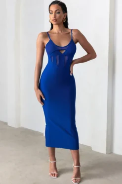 Destiny Calling | Electric Blue Bandage Mesh Cut Out Midi Dress with Bra Detail