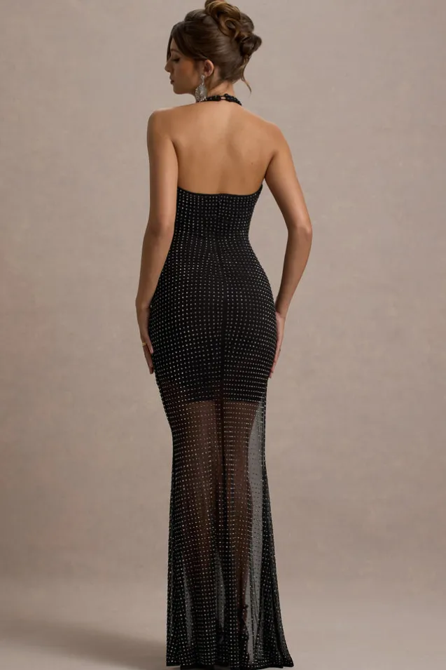 Diaz | Black Embellished Cowl-Neck Split Maxi Dress