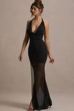 Diaz | Black Embellished Cowl-Neck Split Maxi Dress