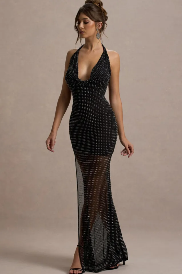 Diaz | Black Embellished Cowl-Neck Split Maxi Dress