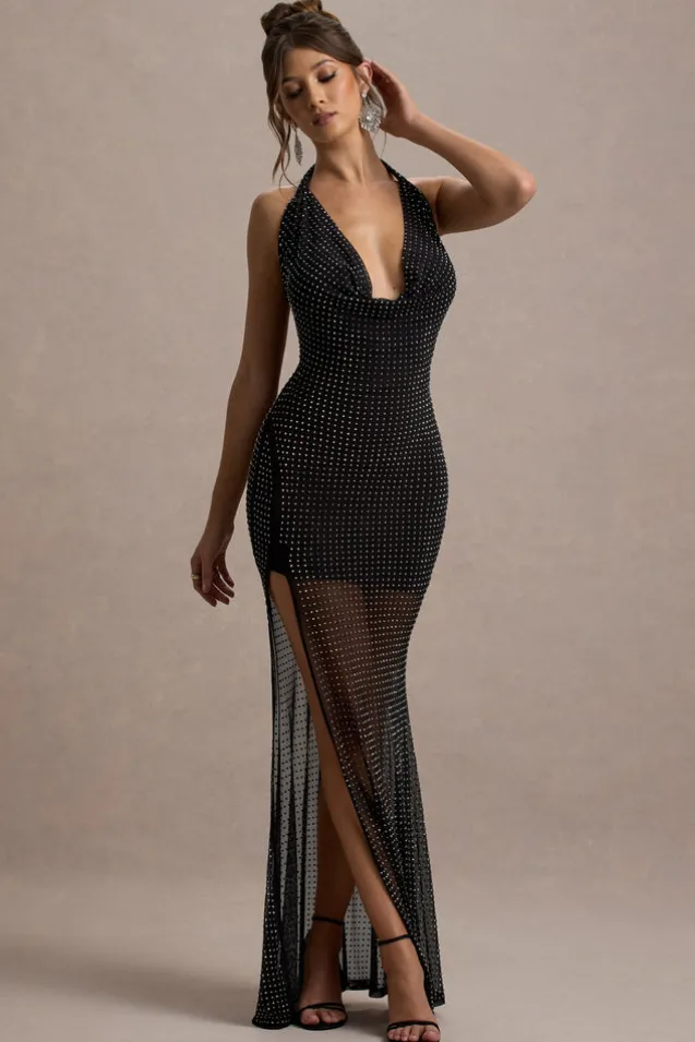 Diaz | Black Embellished Cowl-Neck Split Maxi Dress