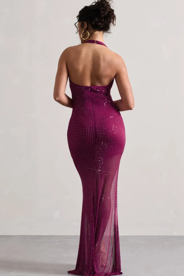 Diaz | Dark Pink Embellished Cowl-Neck Split Maxi Dress