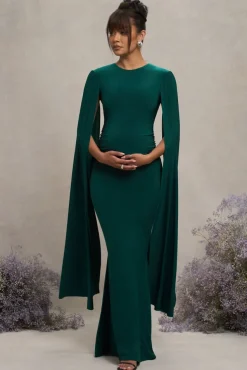 Divine Timing | Bottle Green Maternity Maxi Dress With Cape Sleeves