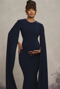 Divine Timing | Navy Maternity Maxi Dress With Cape Sleeves