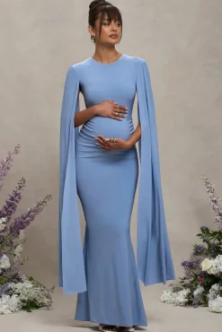 Divine Timing | Powder Blue Maternity Maxi Dress With Cape Sleeves