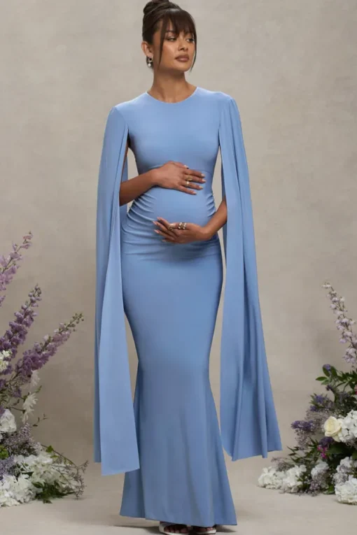 Divine Timing | Powder Blue Maternity Maxi Dress With Cape Sleeves