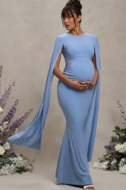 Divine Timing | Powder Blue Maternity Maxi Dress With Cape Sleeves