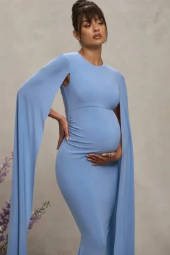 Divine Timing | Powder Blue Maternity Maxi Dress With Cape Sleeves