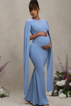 Divine Timing | Powder Blue Maternity Maxi Dress With Cape Sleeves