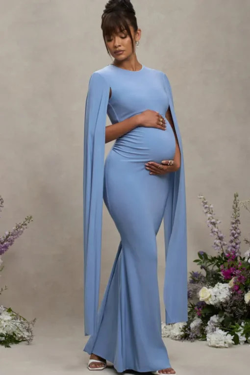 Divine Timing | Powder Blue Maternity Maxi Dress With Cape Sleeves