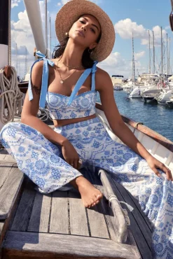 Dixie | White u0026 Blue Broderie Strappy Laced Corset Top
