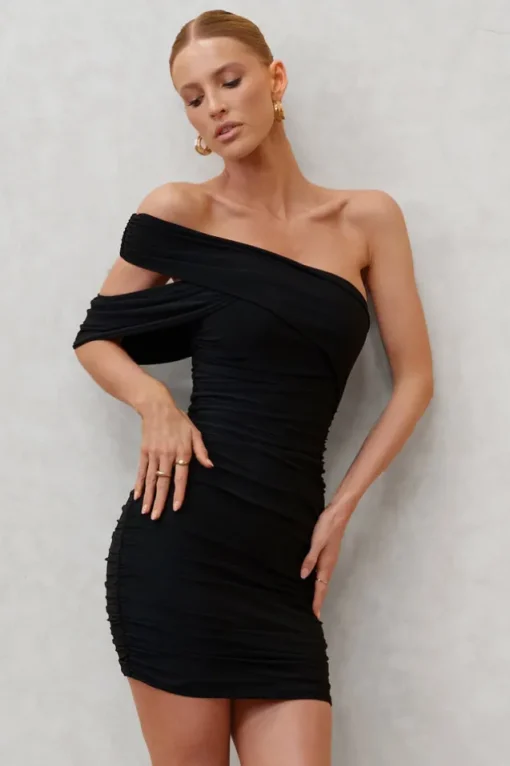 Doha | Black Asymmetric Neck Off The Shoulder Ruched Mini Dress