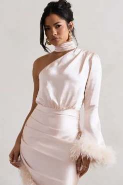 Dolce | Champagne Satin Asymmetric One Sleeve Maxi Dress With Feather Trims