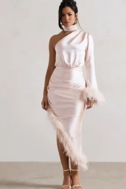 Dolce | Champagne Satin Asymmetric One Sleeve Maxi Dress With Feather Trims