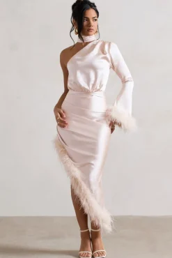 Dolce | Champagne Satin Asymmetric One Sleeve Maxi Dress With Feather Trims