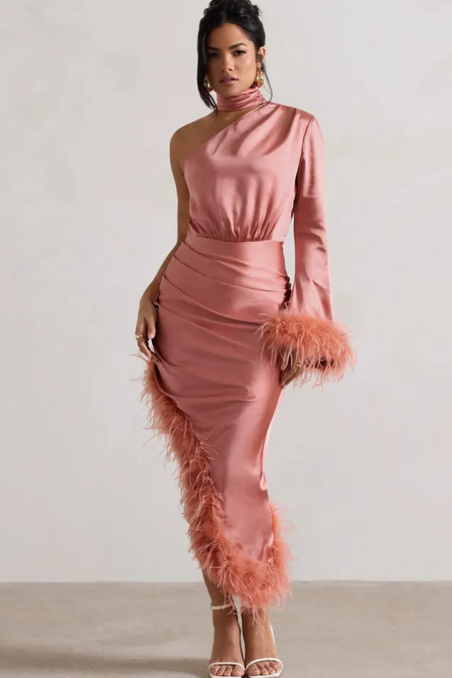 Dolce | Coral Satin Asymmetric One Sleeve Maxi Dress With Feather Trims