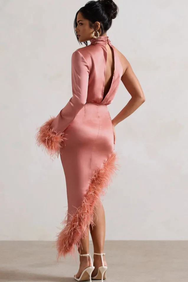 Dolce | Coral Satin Asymmetric One Sleeve Maxi Dress With Feather Trims