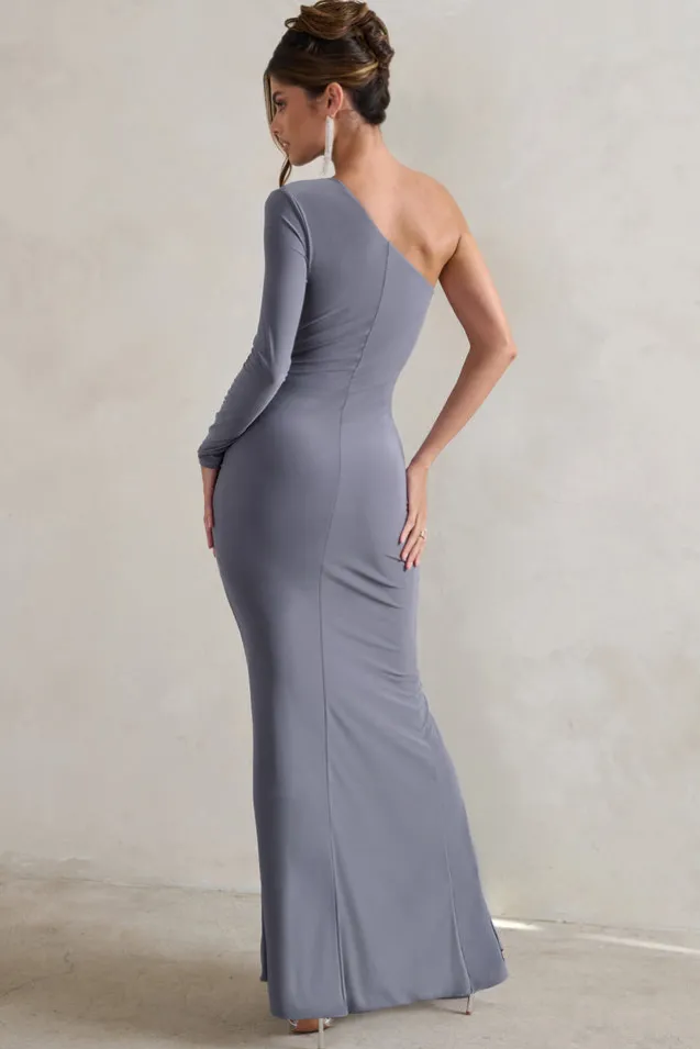 Doll | Grey Asymmetric One Sleeve Ruched Maxi Dress