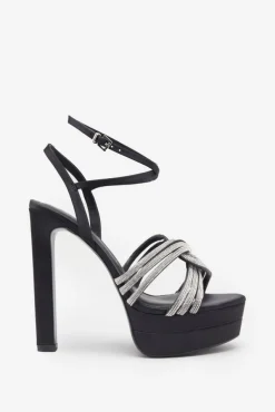 Doll Drama | Black Satin Diamante Strappy Platform Heels