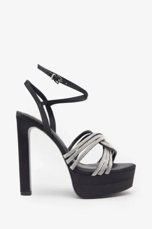 Doll Drama | Black Satin Diamante Strappy Platform Heels