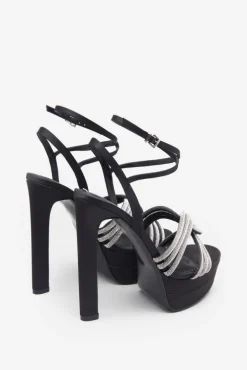 Doll Drama | Black Satin Diamante Strappy Platform Heels