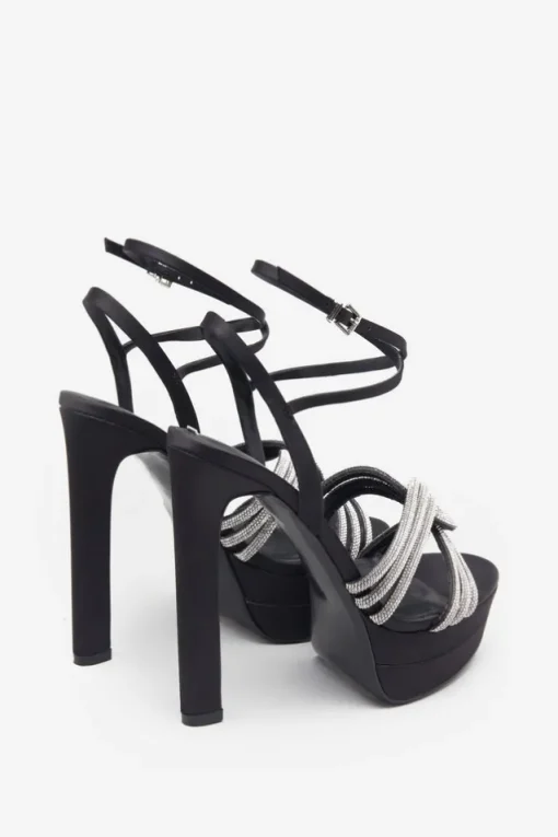 Doll Drama | Black Satin Diamante Strappy Platform Heels