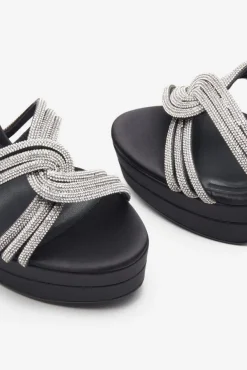 Doll Drama | Black Satin Diamante Strappy Platform Heels