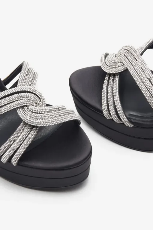Doll Drama | Black Satin Diamante Strappy Platform Heels